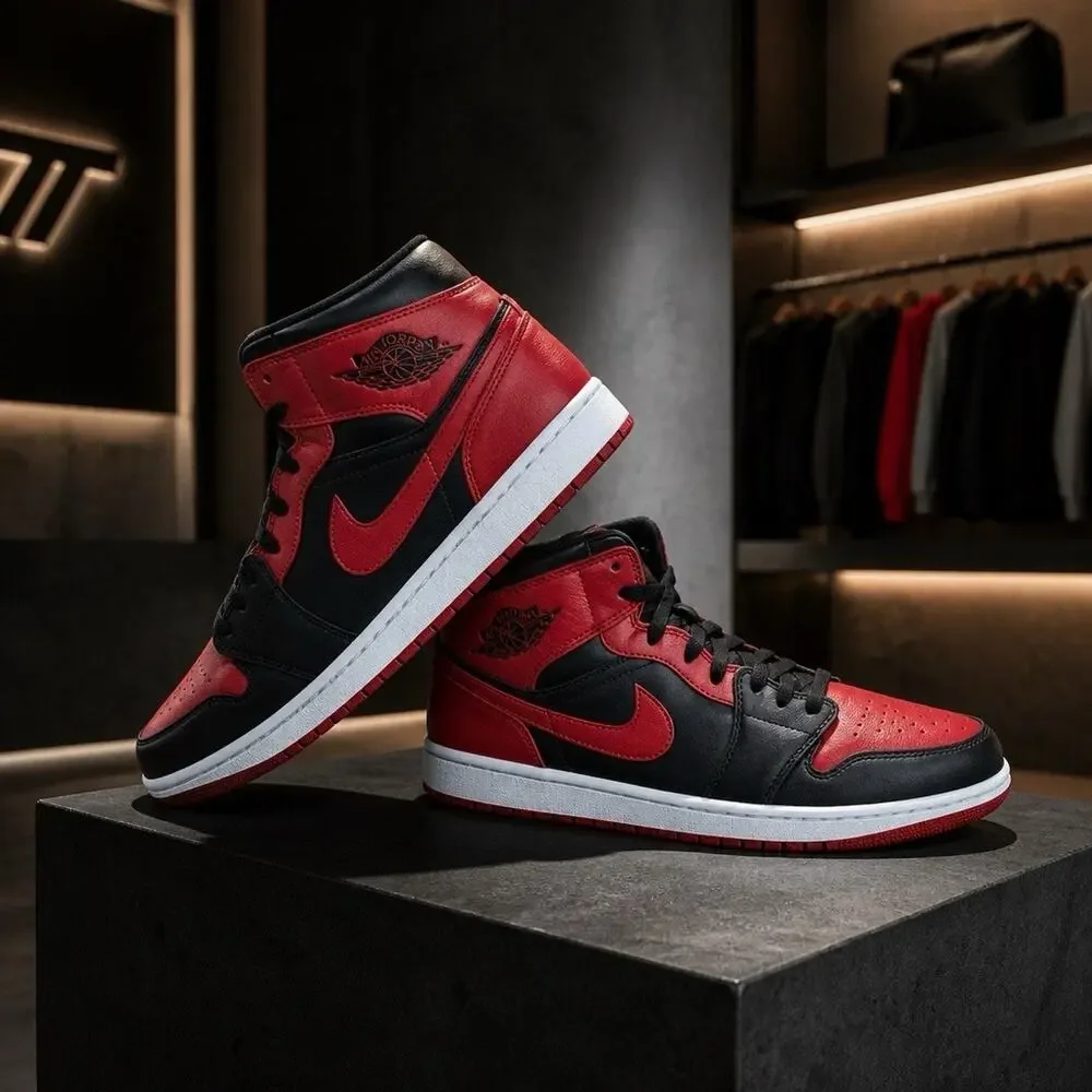 Size 14 Nike Air Jordan 1 Mid Bred Black Red Men's 554724-074 OG BOX